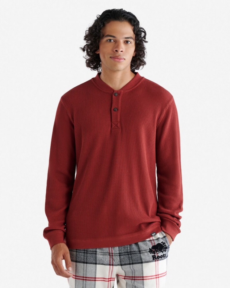 Roots Waffle Long Sleeve Henley - ROSEWOOD RED - Click Image to Close