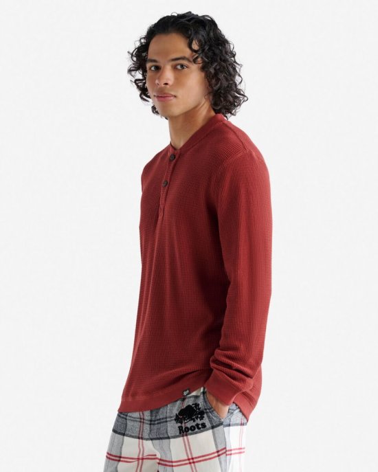 Roots Waffle Long Sleeve Henley - ROSEWOOD RED