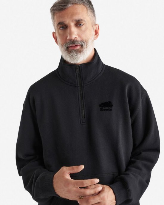 Roots Organic Cooper Relaxed Kanga Half Zip Stein - BLACK/BLACK