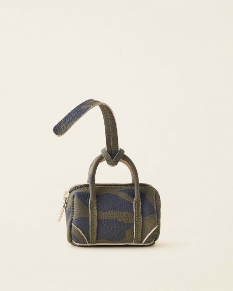 Roots Upcycle Banff Bag Charm - GREEN CAMO - Click Image to Close