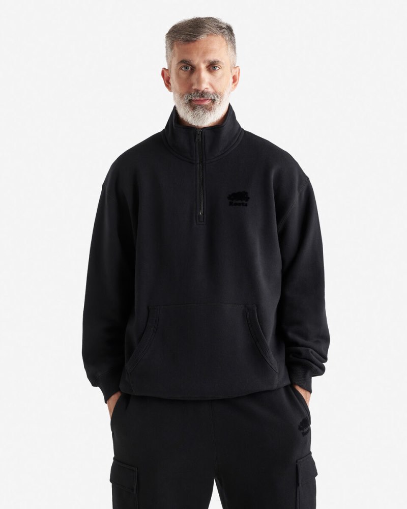 Roots Organic Cooper Relaxed Kanga Half Zip Stein - BLACK/BLACK